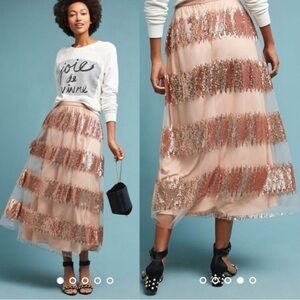 Anthropologie Eva Franco Skirt Womens Size 6 Blush Rose Sequin Tulle Party Midi